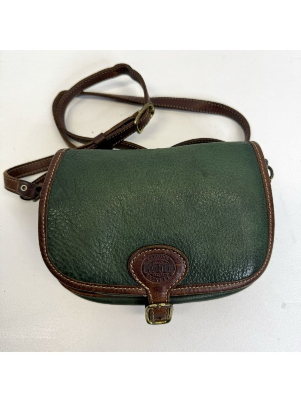 Vintage Roots Canada Crossbody Bag Purse Green Brown Leather Equestrian Academia